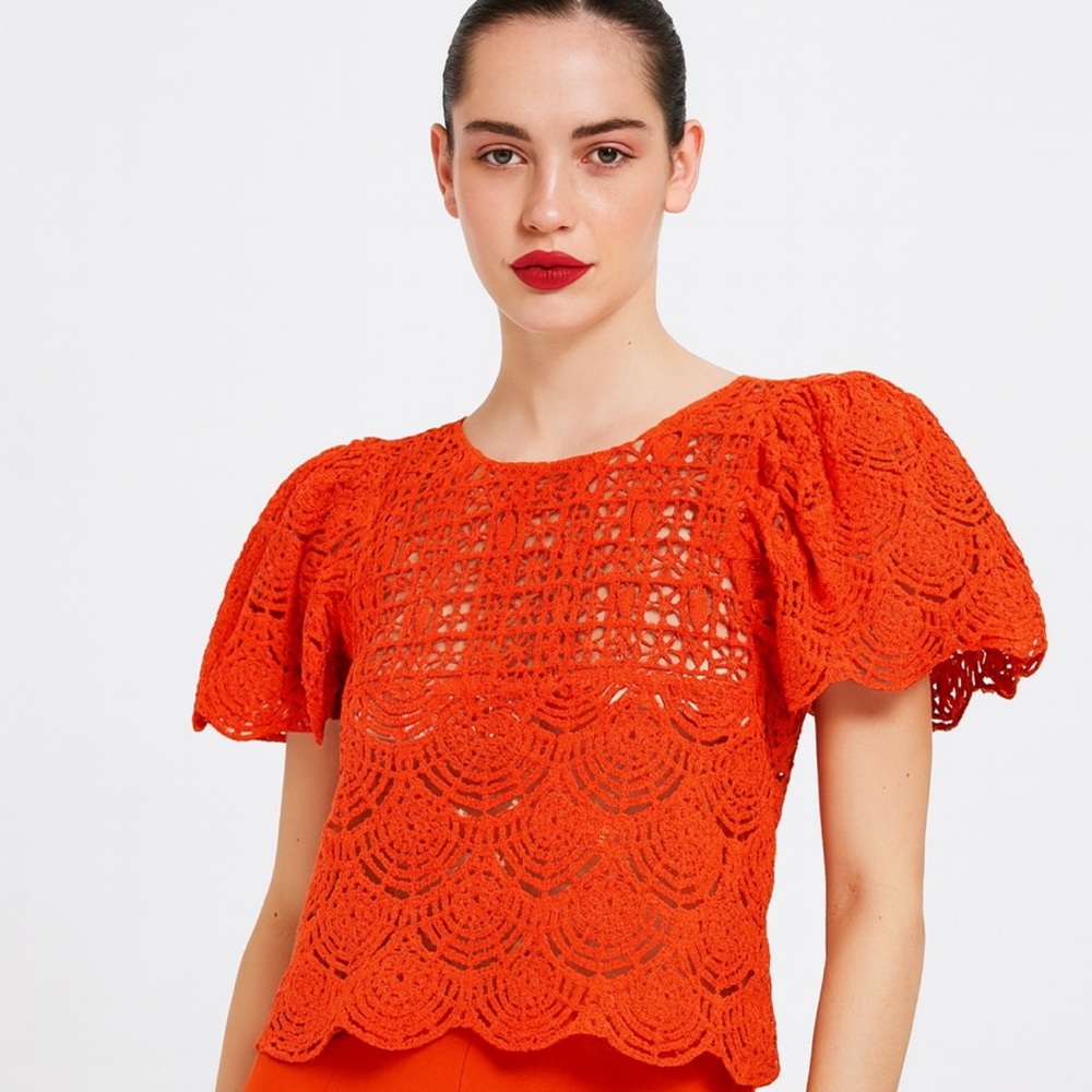 SLNIZ Orange Crochet Off-Shoulder Top